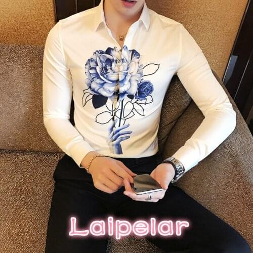 High Quality Men Shirt Korean Slim Fit Digital Print Casual Mens Social Shirts Long Sleeve Plus Size Night Club Party Shirt Men