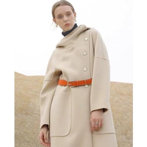 Quality end 10.22 High Hooded Wool Coat Women Fashion Temperament With Genuine Leather Belt Long Cashmere Outerwear
