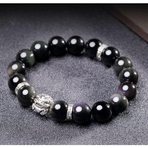 High Quality Tibetan Silver Brave Troops Black Obsidian Bracelet Original Real Beads Feng Shui Good Luck Wealth Health Care