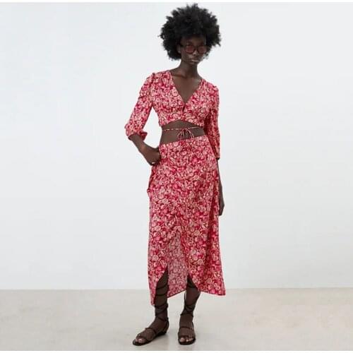 2021 Za womens summer new deep V-neck retro printed blouse with lace up design and Short Sleeve Shirt Top