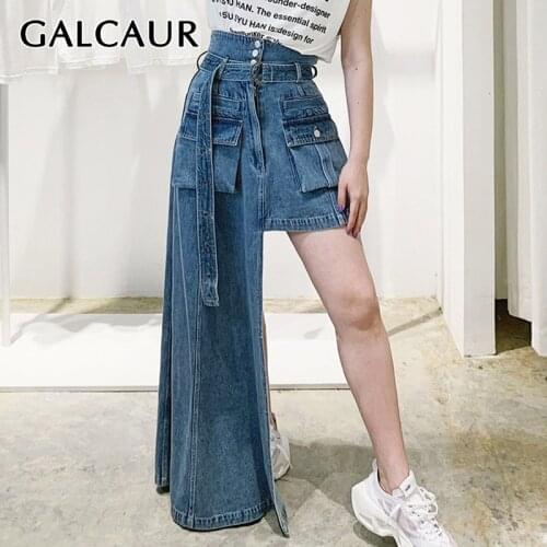 GALCAUR Denim Skirt For Women High Waist Sashes Irregular Hem Plus Size Designer Blue Mid Skirts Female 2021 Summer Clothes Tide