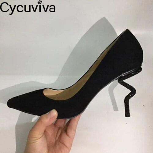 Chic Crooked Stiletto Heels Spring Shoes Women Runway Suede High Heel Pumps Sexy Pointed Toe Slip-on Party Dress Shoes Plus Size