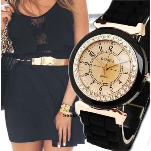 NEW Ambar Golden Geneva Women Silicone Rhinestone crystal Wristwatch Silicon Rubber Koreananalog quartz Dropshipping