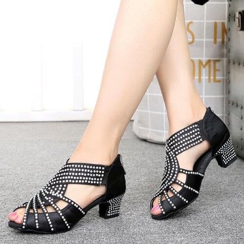 Evkoodance Practice Women Dance Shoes Black Rhinestone Latin Salsa Ballroom Shoes Ladies Low Heel Girls Party Dancing Shoes