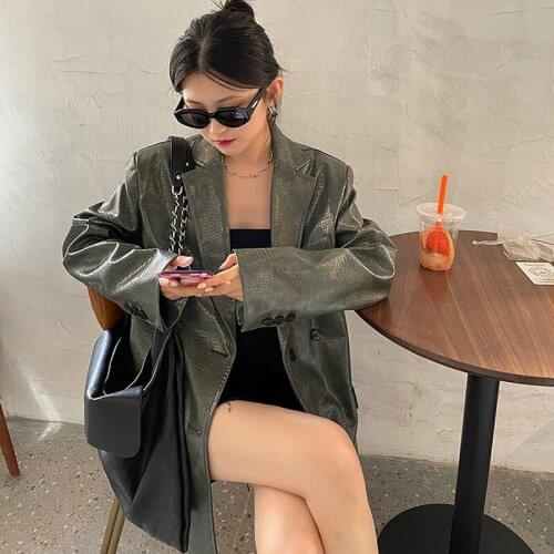 Spring Autumn 2021 Women Green Faux PU Leather Blazer Coat Loose Casual Notched Collar Long Sleeve Female Suit Jacket Streetwear