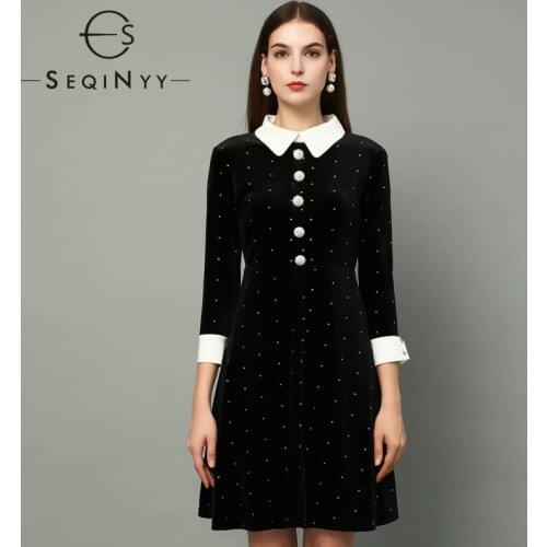 SEQINYY Velvet Dress 2020 Spring Autumn New Fashion Design Women 3/4 Sleeve Crystal Button Slim Bling Mini Black Dress