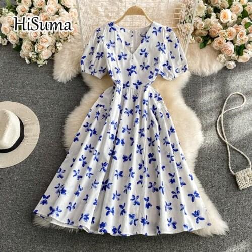 2021 summer new women v-neck puff sleeve print chiffon A-line dress female Chic elegant waist beach dresses