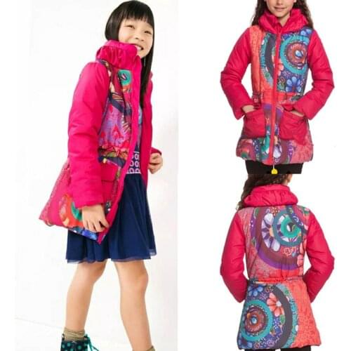Spains D family winter girls colorful full print flower medium long cotton padded jacket