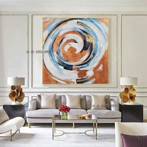 100% Handmade Orange Blue And White Abstract Oil Painting Minimalist Modern Wall Art Decorative For Living Room No Frame