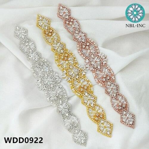30pcs Silver rose gold embroidered rhinestone appliques belt iron on beaded crystal applique for wedding dresses sash WDD0922