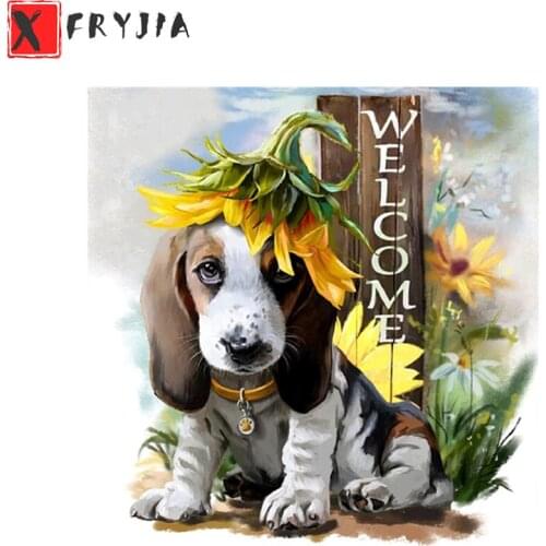 Diamond Painting Animal dog wearing sunflower flower 5d Diamond Embroidery Full Display Diamond Mosaic Cross Stitch Decoration