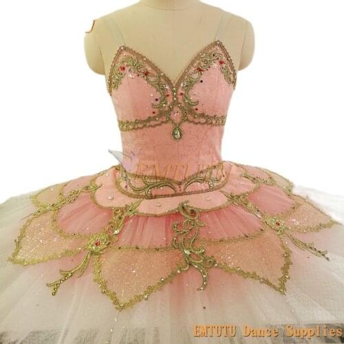 Adult Professional Ballet Tutu Costume Pink Golden Nutcracker Sleeping Beauty Classical Performance Pancake Tutus for Women