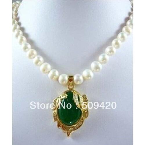 Free ShippingNoblest white pearl green jade pendant necklace