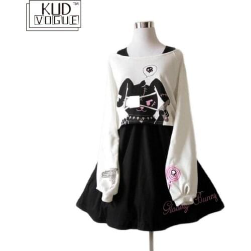 Black Comic Rabbit Lolita Dress Japanese Teens Kawaii Girls 2pcs Suit Sweet Cotton Dress Short Cute Bunny Print Long Sleeves Set