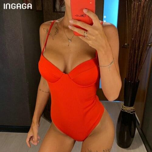 INGAGA Sexy Push Up Swimwear Womens Swimsuits One Piece Red Strap Bodysuit High Cut Bathing Suits Ribbed Swimsuit 2021 New