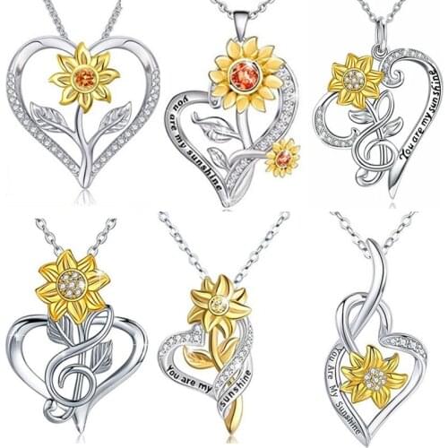 Creative Golden Sunflower Heart Shaped Carved Words Rhinestone Crystal Pendant Neckace for Women Party Jewelry
