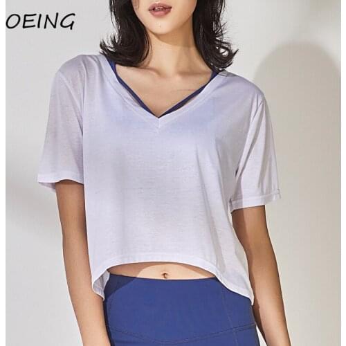 Summer Short Sleeve V Neck Crop Tops Workout Yoga Clothing Exercise Loose Breathable Dry Fit Sport Shirts