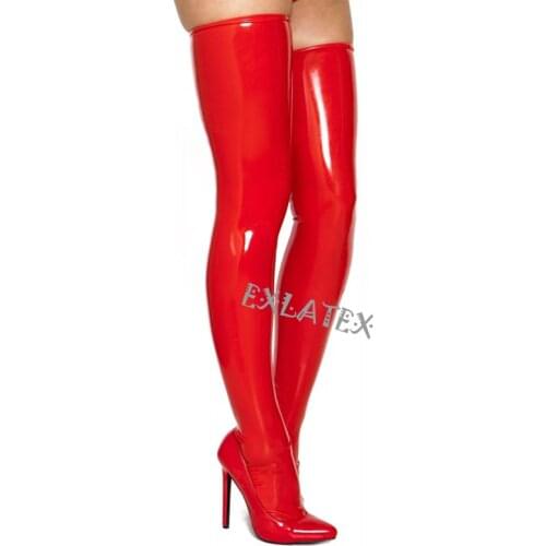 Latex Stockings Solid Knee socks Tights Latex Rubber Red Thigh High Long Stockings Fetish Womens Erotic Stockings