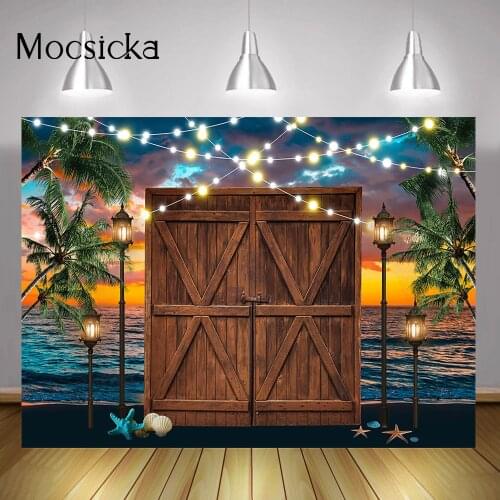 Seaside Sunset Portrait Backdrop Photocall Brown Retro Door Summer Tropical Party Background Sea Beach Light Plam Trees Photo