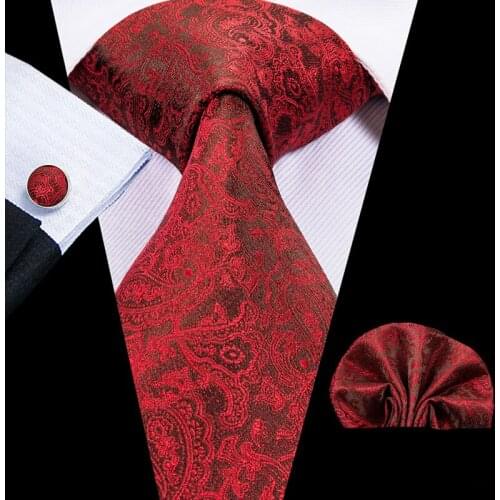 Hi-Tie 100% Silk Floral Wine Red Paisley Mens Tie Set 8.5cm Wedding Ties For Men New Design Hanky Cufflinks Top Quality Necktie