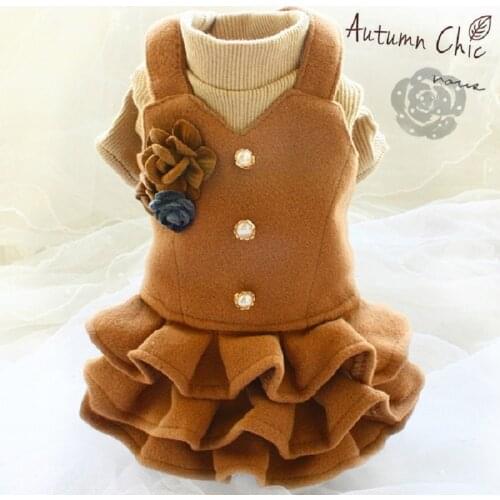 Free Shipping Handmade Fashion Dog Clothes Vintage Flower Thickened Woolen Twin Sets Vest Knit Dress Pet Outfit Winter Spring