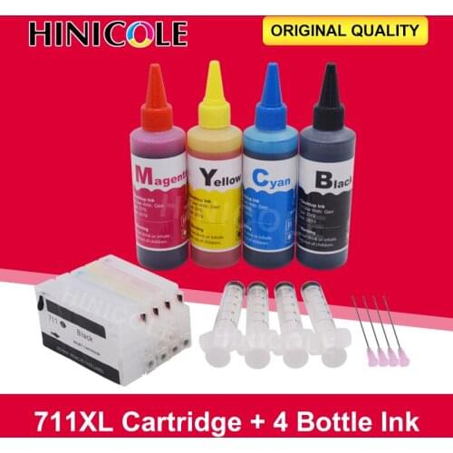 HINICOLE Empty Refillable 711 Ink Cartridge For HP711 For HP 711 XL Designjet T120 T520 Printer + 4 Color 100ml Refill Dye Ink