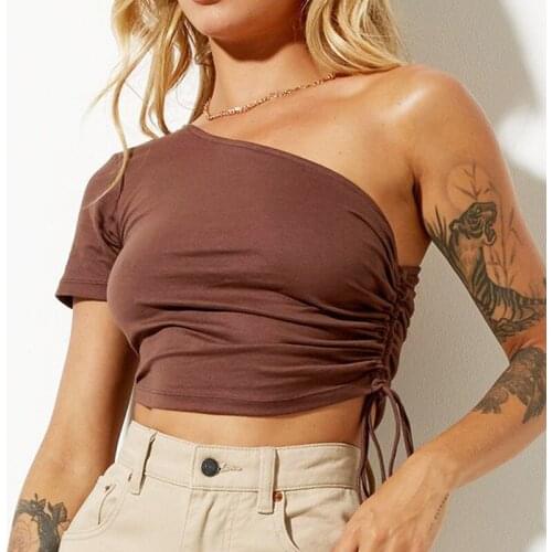 Summer T Shirt Women 2021 draw string word inclined shoulder backless short sleeve T-shirt Female Tee Tshirts XSK8175