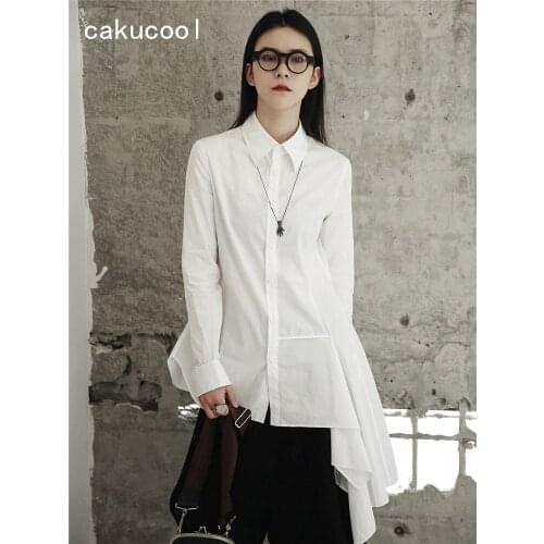 Cakucool New Blouses Women Autumn Long Sleeve Asymmetric Design Slim White Blusa Femme Causal Minimal Brief Blouses Top Shirt