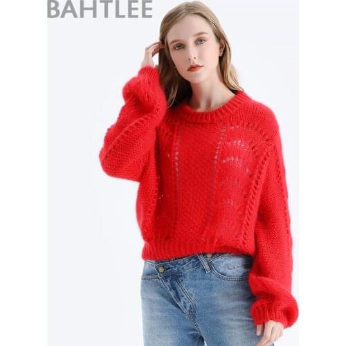 BAHTLEE Women Mohair Short Pullover Sweater Lantern Sleeves Autumn Winter Wool Knitted Jumper Loose Hollow out