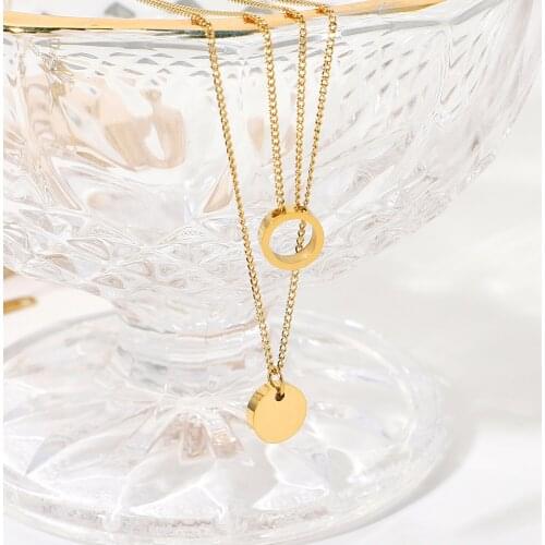 14k Gold Plated Stainless Steel Double Layer Circle Pendant Necklace For Women Fashion Simple Chokers Necklace