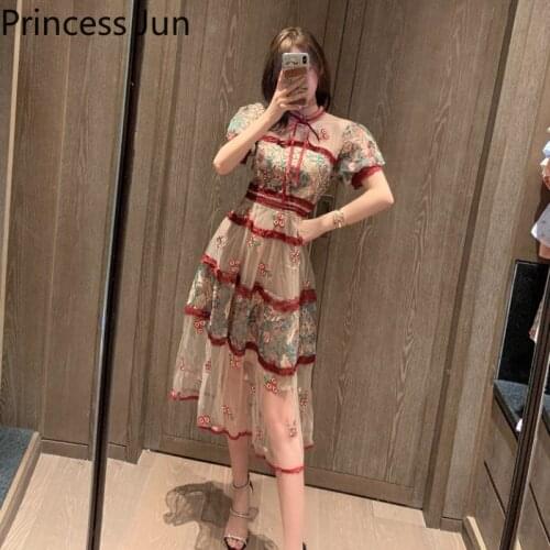 French Romantic Retro Lace Dress Vestidos Summer Plus Size 2XL Women Embroidery Mesh Fairy Dress Stand Collar A Line Party Dress