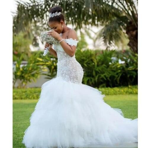 African Wedding Dresses Vestido De Novia White Ivory Lace Appliques Mermaid Bridal Gowns Robe De Mariee