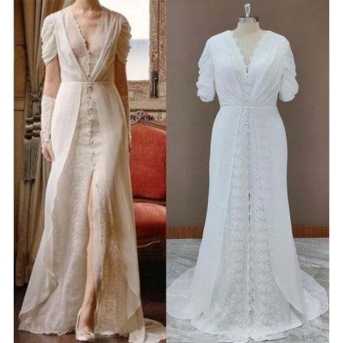 4293# V-Neck Wedding Dresses Lace Short Sleeve Sweep Train Beach Boho Beach Bridal Dress Arabic Wedding Gowns vestido novia