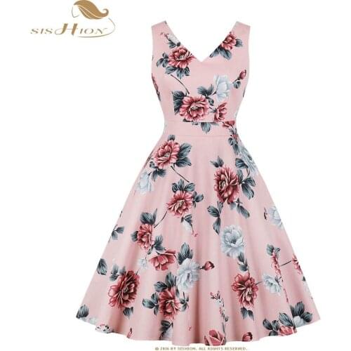 SISHION Women Floral Print Pink Dress With Pockets VD1058 Sexy Sleeveless V Neck Flower Swing Retro Vintage Summer Dress 2021