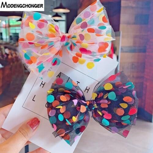 1PC Fashion Color Dot Mesh Gauze Child Haipins Colorful Multi-layered Yarn Big Bow Top Clip Elastic Hair Rope Hair Accessories