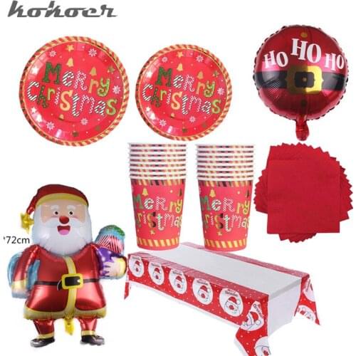 2021 Merry Christmas Party Tableware Set Santa Claus Paper Plates Cups Napkins Tableware New Year Party Christmas Decorations