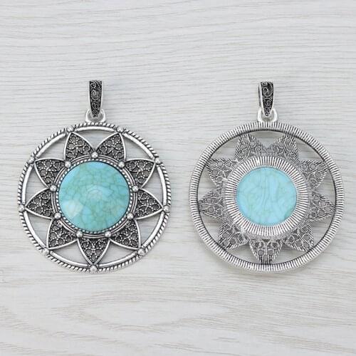 5 x Antique Silver Color Large Open Boho Round Faux Turquoise Stone Flower Charms Pendants for Necklace Jewelry Making