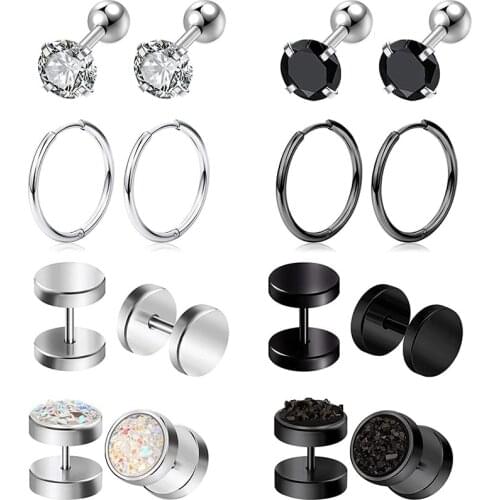 8 Pairs Stainless Steel Stud Earrings for Men Women CZ Earring Studs Cartilage Helix Tragus Earrings Hoop Earrings for Men