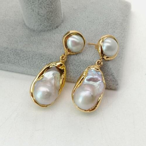YYGEM White Nucleated Flameball Baroque Pearl Gold color Plated Stud Earrings earrings luxury wedding for women