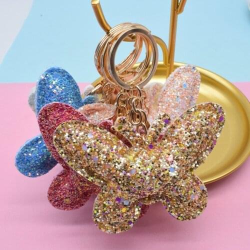 Cute butterfly keychain PU leather glitter sequin keychain pendant gift gift for girl Llaveros Mujer car accessories key ring