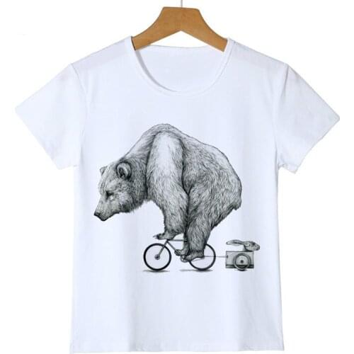 Bear Riding Bicycle With Rabbit Funny Print Childrens T-shirt Bear Animal Casual War BoyGirl T shirt 3D Baby Clothing