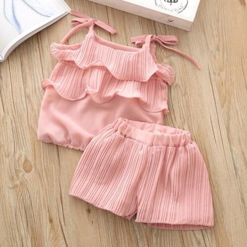 2020 3-7 Kids Girl Clothes Sets Solid Color Cotton Top Girls Ruffle Blouse Casual Shorts Outfit Children Set