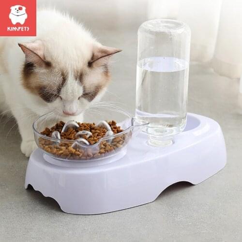 KIMPETS Dog Double Bowl Pet Food Feeder Transparent Plastic Feeding Drinking With Water Bottle Cat Ears Bowl