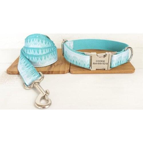 Personalized Pet Collar Customized Nameplate ID Tag Adjustable Blue Forest Mountain Cat Dog Collars Lead Leash Set