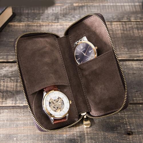 Genuine Leather Watch Box Retro Crazy Horse Leather Creative Zipper 2 Grid Storage Bag Outdoor Travel Collection Display Box