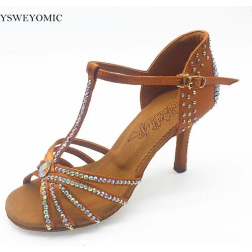 Latin Dancing shoes Women Soft Outsole Tan color 8.5cm slim high heel Rhinestones Latin Bachata Salsa Dance Shoes for Girls 013
