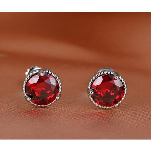 Fashion Red Zircon Round Earrings Silver Gold Color Vintage Crystal Screw Back Stud Earrings For Women Men Wedding Party Jewelry