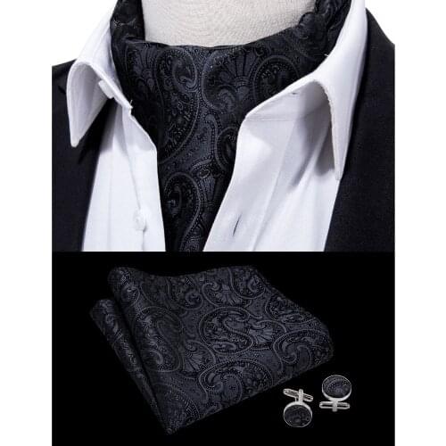 Barry.Wang Fashion Black Men Tie Paisley style Cravat Ascot Scrunch Self British Silk Set For Mens Formal Wedding Party LF-0008