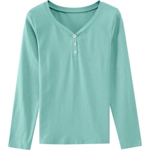 OUMENGKA 2021 Spring Autumn V-Neck T Shirt Women Long Sleeve Casual Tops Pure Color T-Shirt Plus Size Cotton Tee Shirt 3XL