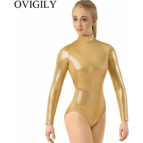 OVIGILY Silver Dance Leotard For Women Turtleneck Shiny Metallic Gymnastics Leotards Ballet Dancewear For Girls Bodysuits